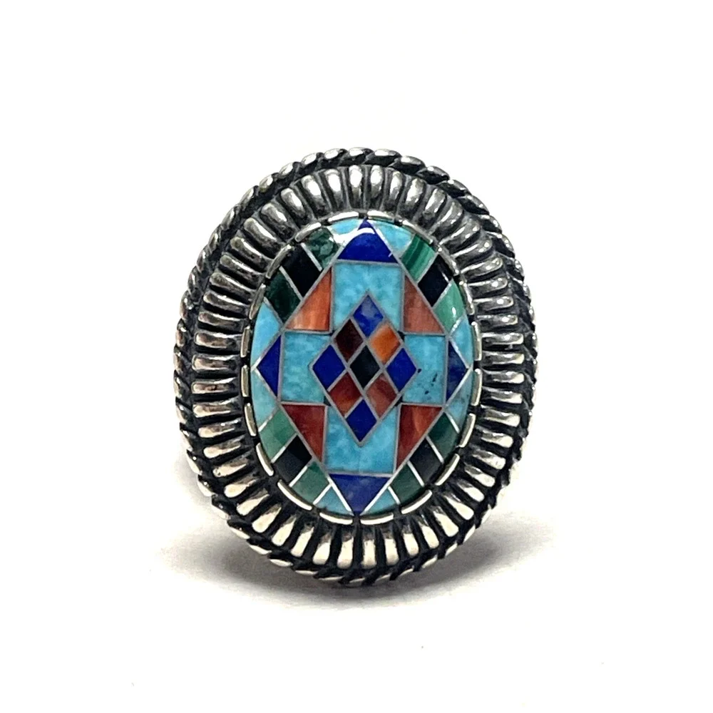 Carolyn Pollack 925 Sterling Silver Multi-Stone Ring Size 6 Geometric Inlay 14g